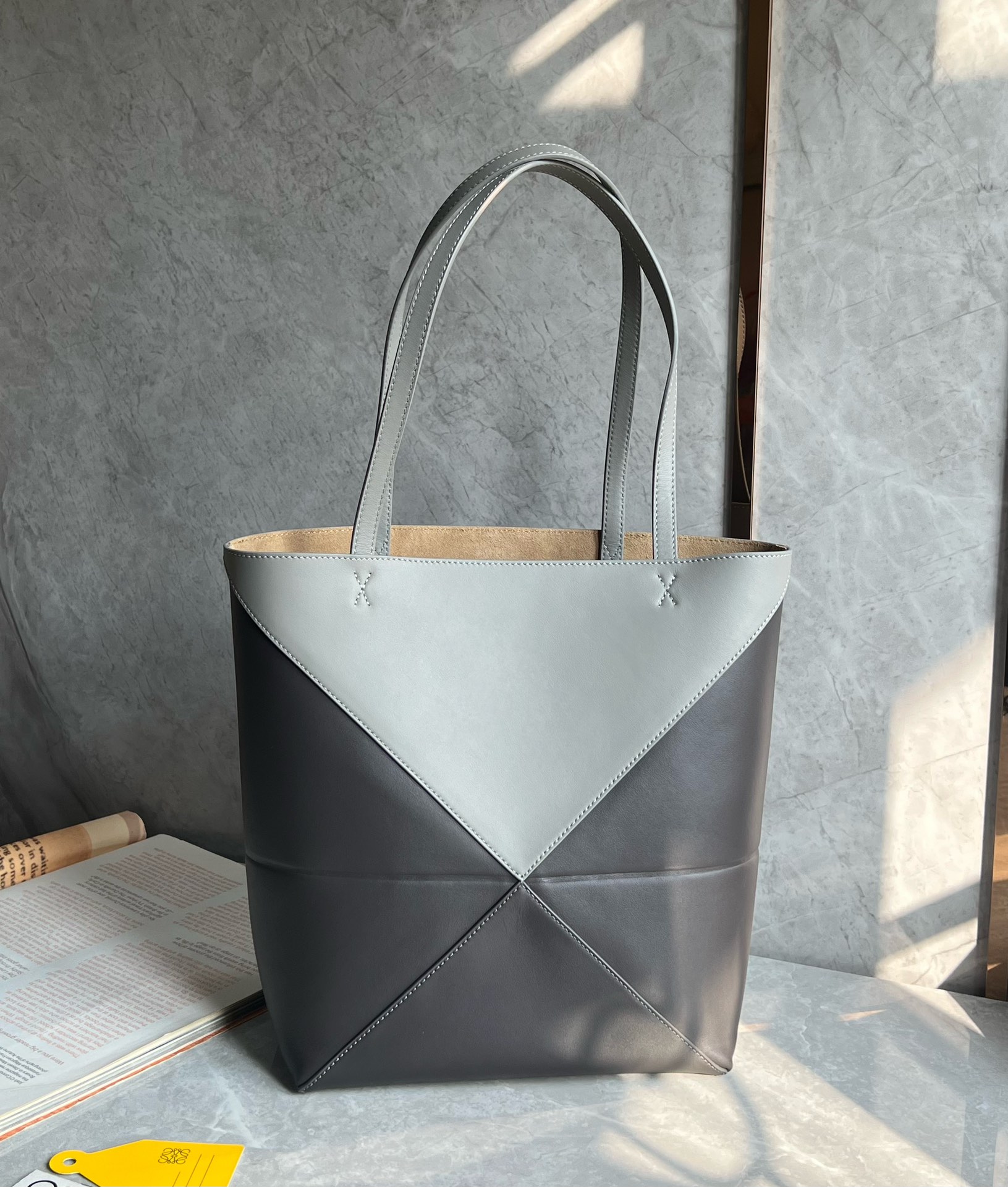 Loewe Medium Puzzle Fold Tote in Shiny Calfskin Grey/Dark Grey